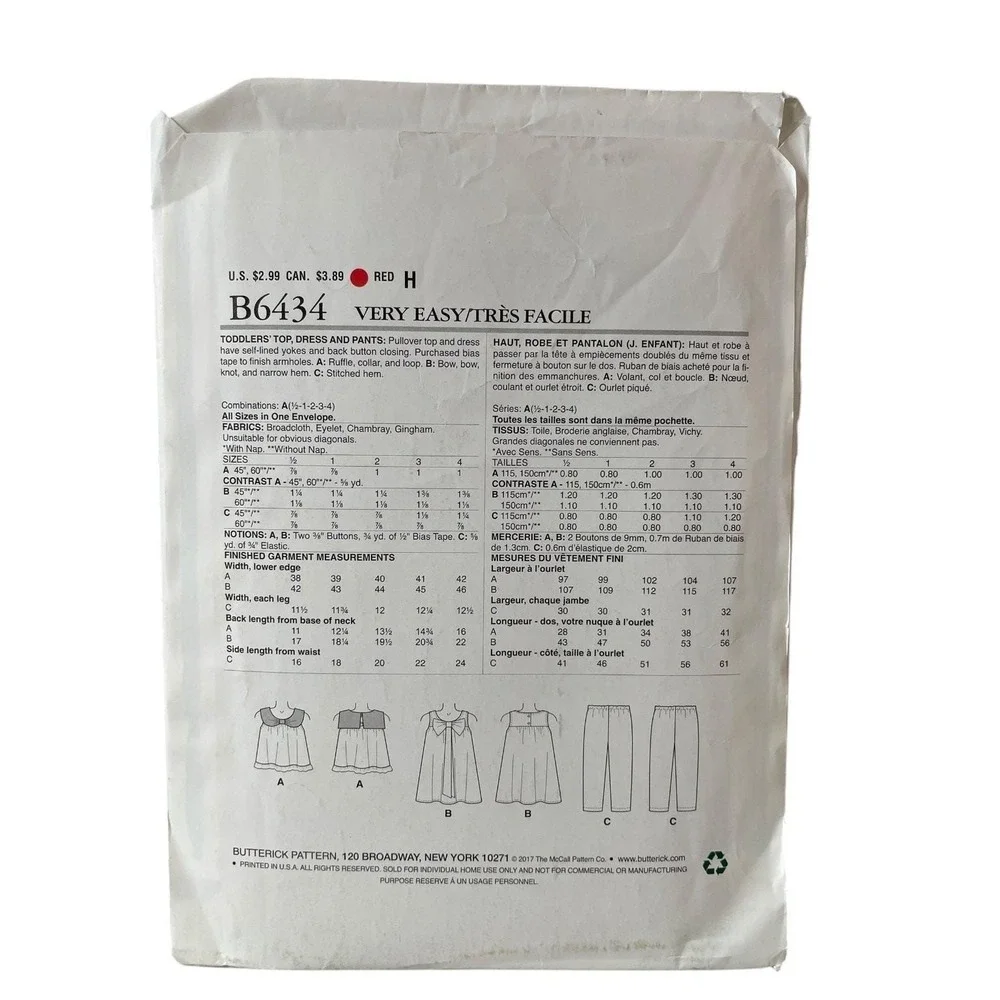 Butterick B6434 Toddler Top Dress Pants Sewing Pattern Size 1-4